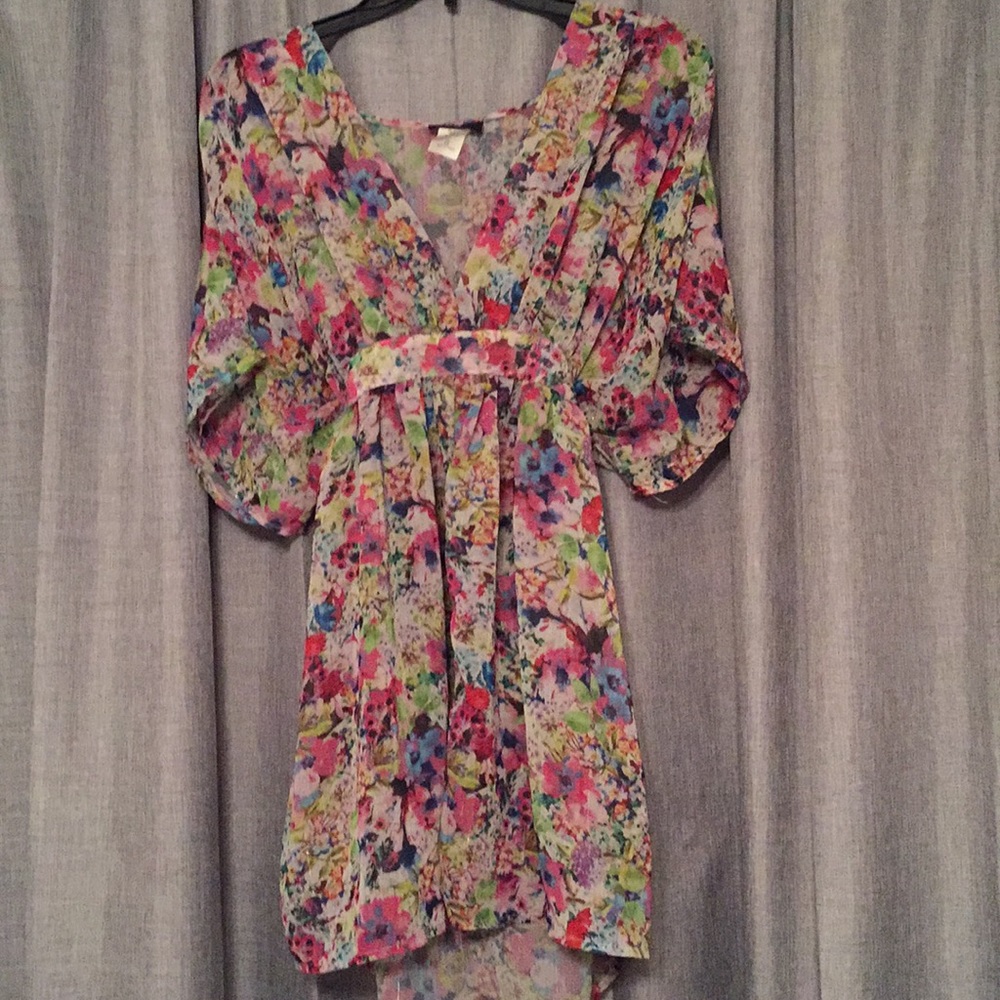 Sheer Floral Dress Tie Waist Gold Thread